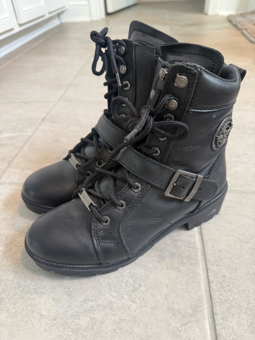Black Lace-Up Combat Boots with Buckle Strap - Women